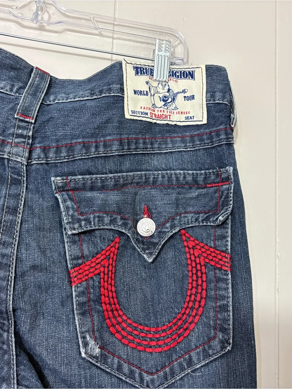 True Religion Straight Jeans Red Big T Flap Pocket Made USA Men’s 34x32